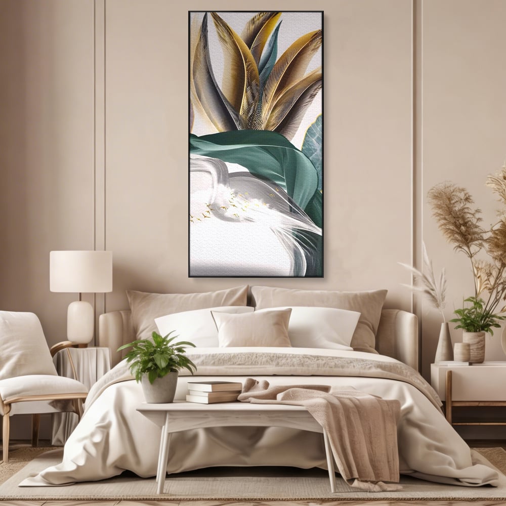 Tablou canvas cu tablou vertical cu pene si frunza, in rama de aluminiu negru, pe perete intr-un dormitor